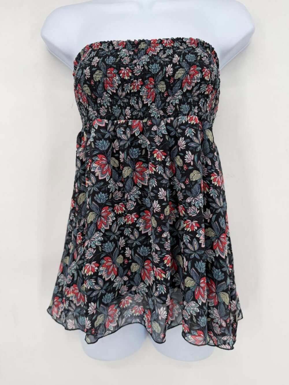 Cabi XS Strapless Smocked Floral Peplum Top Black Multicolor 5184 Cottagecore